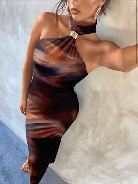 Halter Neck Abstract Print Bodycon Dress in Rust Multi